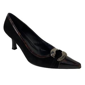 Stuart Weitzman Pump Black Suede Tortoise Shell Patent Trim Cap Point To…